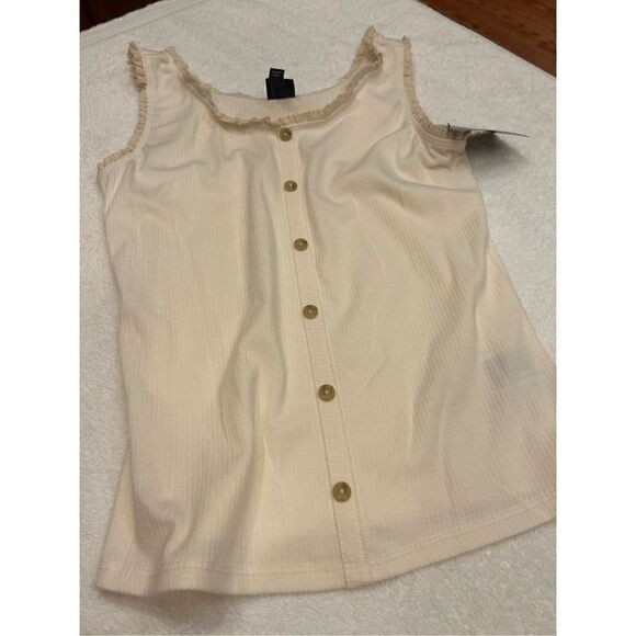 Large 10/12 beige tank top ruffled trimmed button front ribbed feel - Picture 8 of 9